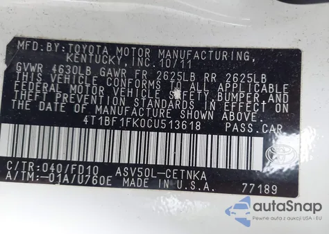 2012 Toyota Camry Le from USA, damaged, VIN 4T1BF1FK0CU513618